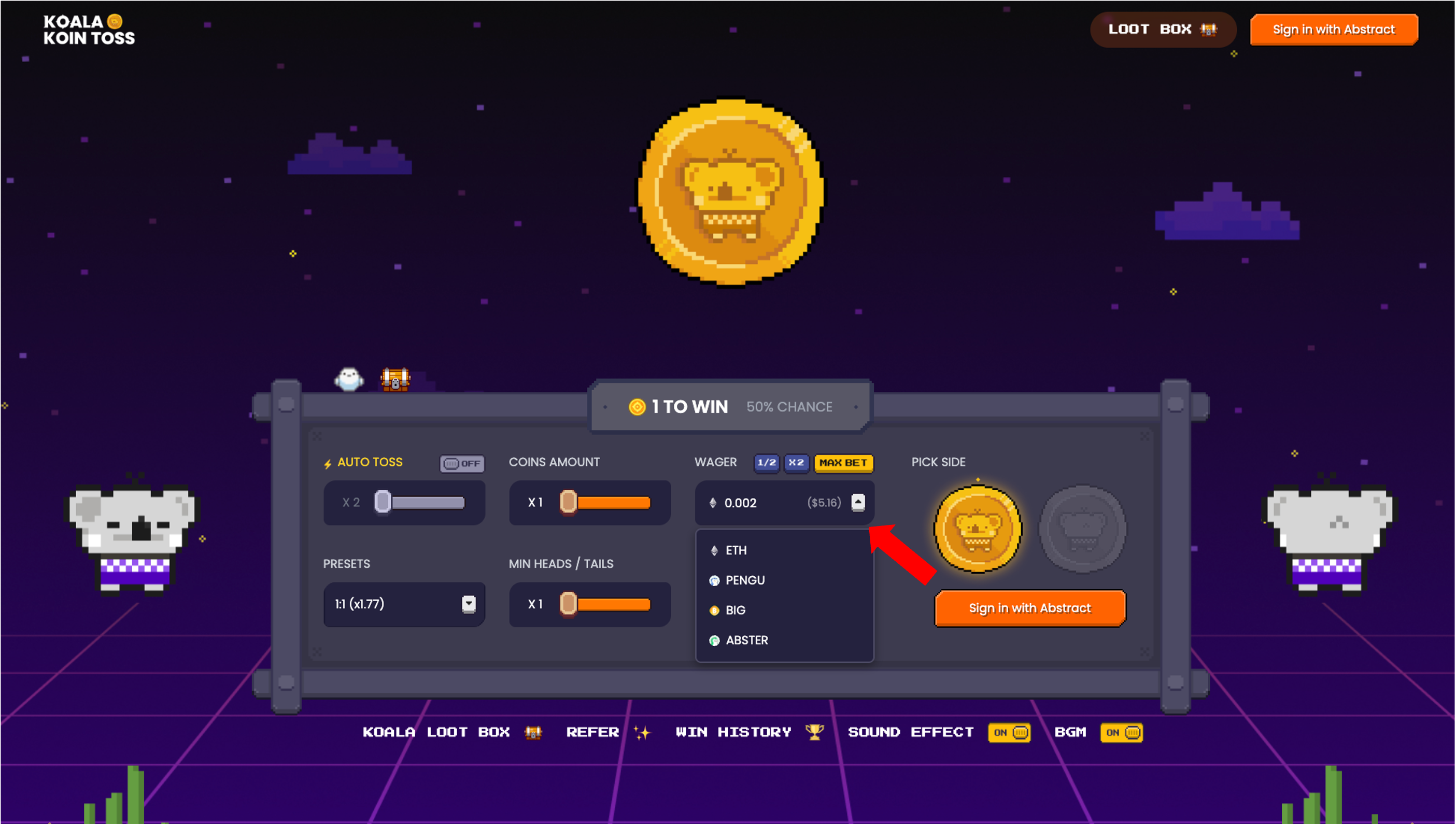 Koala Koin Toss Gameplay Step 1